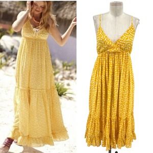 Anthropologie Porridge Yellow Lobster Print Tiered Maxi Dress Size Small